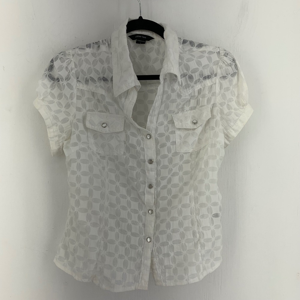 Paper Tee Cowgirl Peasant White Burnout Snap Front Short Sleeve Western Shirt L